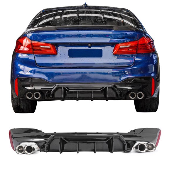 Ikon MotorsportsRear Diffuser w/ Silver Quad Exhaust Tips Fits2017-2020 BMW 5 Series G30 Pre-LCI M Sport Bumper,M5 M-Perfermance Style Gloss Black PP