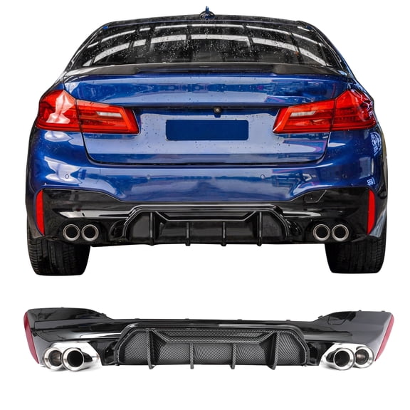 Ikon MotorsportsRear Diffuser w/ Silver Quad Exhaust Tips Fits2017-2020 BMW 5 Series G30 Pre-LCI M Sport Bumper,M5 M-Perfermance Style Gloss Black PP Valance& Carbon Fiber Print Fin