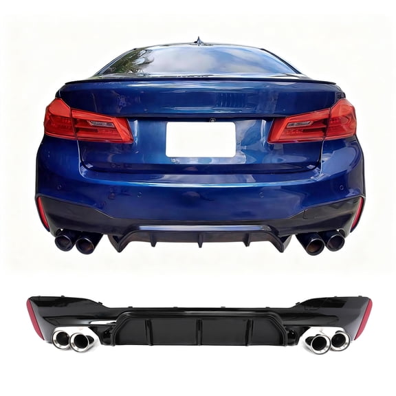 Ikon MotorsportsRear Diffuser w/ Silver Quad Exhaust Tips Fits2021-2023 BMW 5 Series G30 Pre-LCI M Sport Bumper,M5 Competition Style Gloss Black PP