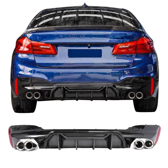 Ikon MotorsportsRear Diffuser w/ Silver Quad Exhaust Tips Fits2021-2023 BMW 5 Series G30 Pre-LCI M Sport Bumper,M5 M-Perfermance Style Gloss Black PP Valance& Carbon Fiber Print Fin
