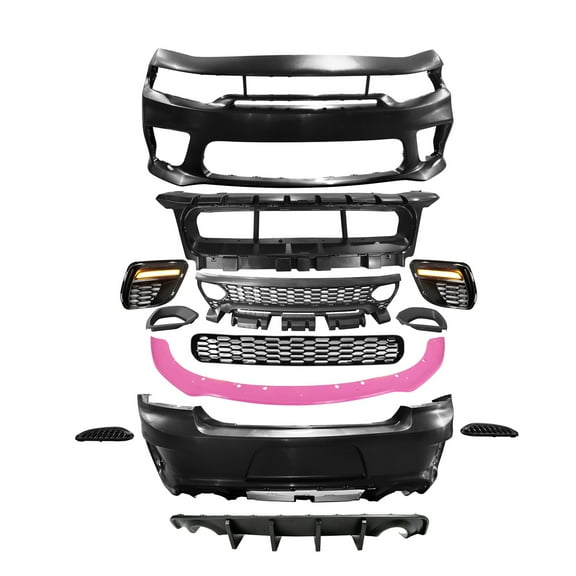 Ikon Motorsports Rear & Front Bumper Conversion W/ Pink Lip Compatible With 2015-2023 Dodge Charger Widebody Style Bumper Covers & SRT Upper Lower Grille & Foglight Covers W/ Lights Rear Diffuser