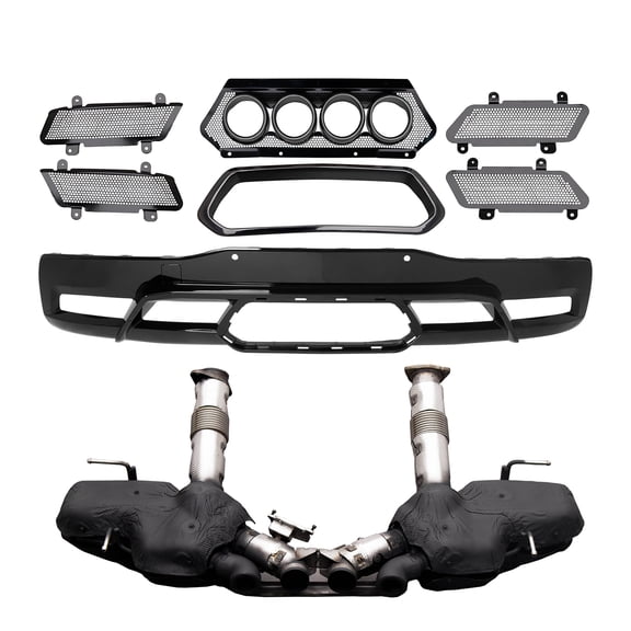 Ikon MotorsportsRear Lip + Black Quad Exhaust Tips W/ Muffler Pipe Fits2023-2025 Chevy Corvette C8 OE Style PP Diffuser Iron Grille Exhaust Bezel