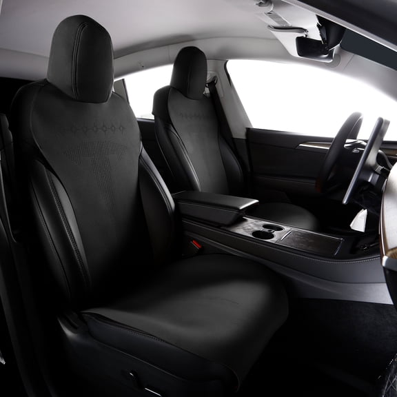 Ikon Motorsports Seat Cover Cushions Compatible With 2017-2023 Tesla Model 3, V2 Style Black Suede Leather 1st 2nd Row 5-Seat Seat Cover Cushion Protectors