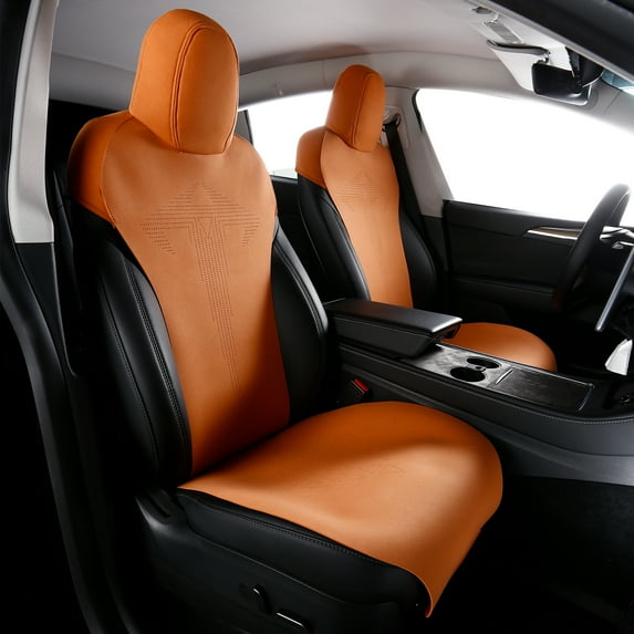 Ikon Motorsports Seat Cover Cushions Compatible With 2020-2024 Tesla Model Y 4-Door, V1 Style Orange Suede Leather 1st 2nd Row 5-Seat Seat Cover Cushion Protectors