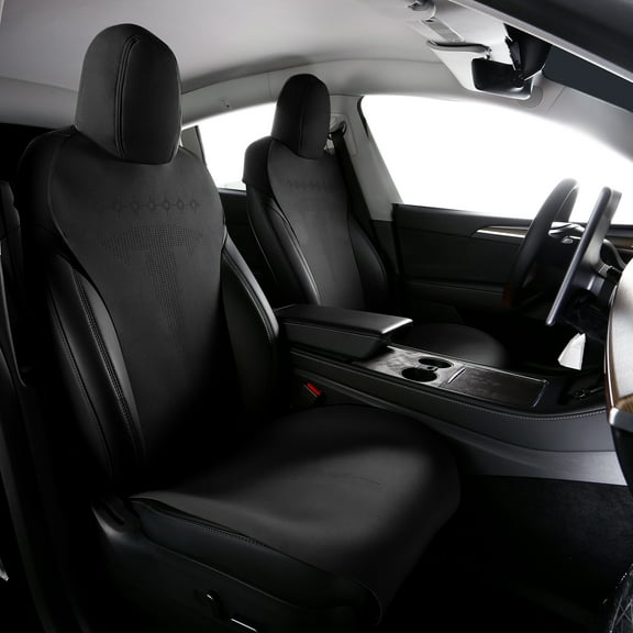 Ikon Motorsports Seat Cover Cushions Compatible With 2020-2024 Tesla Model Y 4-Door, V2 Style Black Suede Leather 1st 2nd Row 5-Seat Seat Cover Cushion Protectors