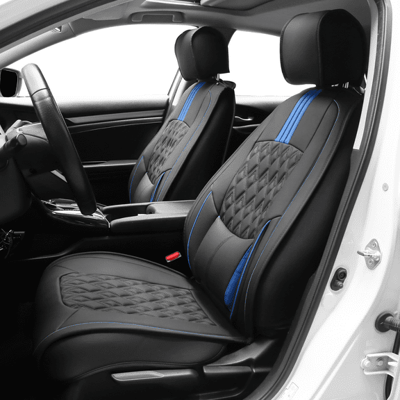 Ikon Motorsports Seat Covers w/ Lumbar Compatible with 2016-2021 Honda Civic Black&Blue PU Leather 5 Seats Seat Cover Cushion Protectors With Pocket