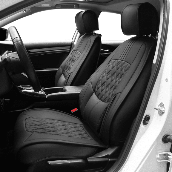 Ikon Motorsports Seat Covers w/ Lumbar Compatible with 2016-2021 Honda Civic Black PU Leather 5 Seats Seat Cover Cushion Protectors With Pocket