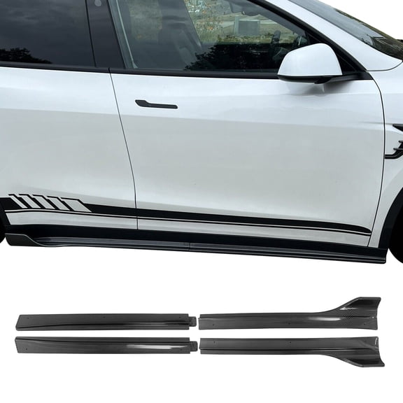 Ikon Motorsports Side Skirts Compatible With 2020-2024 Tesla Model Y Gloss Carbon Fiber Print IKON V3 Style Blow Molding ABS Side Skirt Extension Splitter Rocker Panel 4PCS