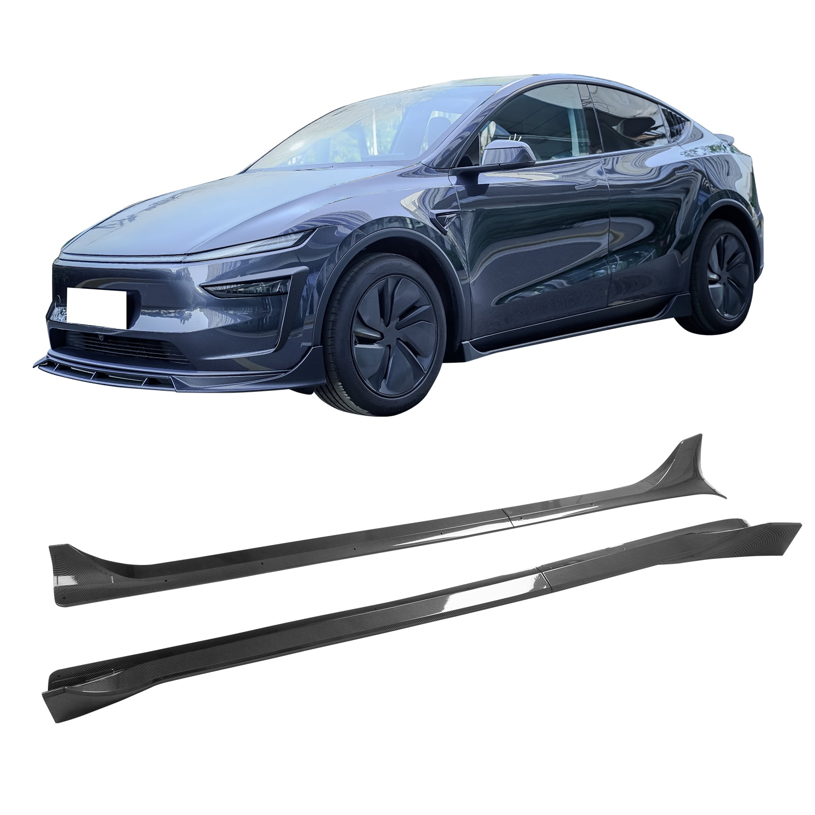 Ikon Motorsports Side Skirts Extension, Compatible with 2025-2026 Tesla Model Y Juniper, IKON Style ABS Plastic Carbon Fiber Print Rocker Panel Splitter Side Underbody Spoiler 2PC