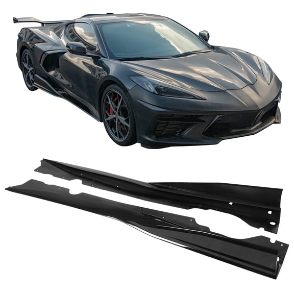 Ikon Motorsports Side Skirts Extension Fits2020-2025 Chevy Corvette C8,IKON V1 A Style PP Gloss BlackRocker Panel Splitter Side Underbody Spoiler