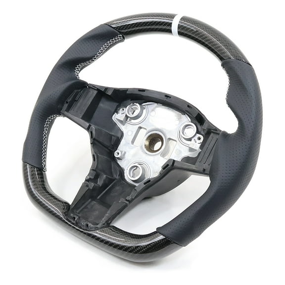 Ikon Motorsports Steering Wheel Compatible with 17-23 Tesla Model 3 Y Carbon Fiber & Perforated Leather With White Stitching & Stripe Steering Wheel Cover