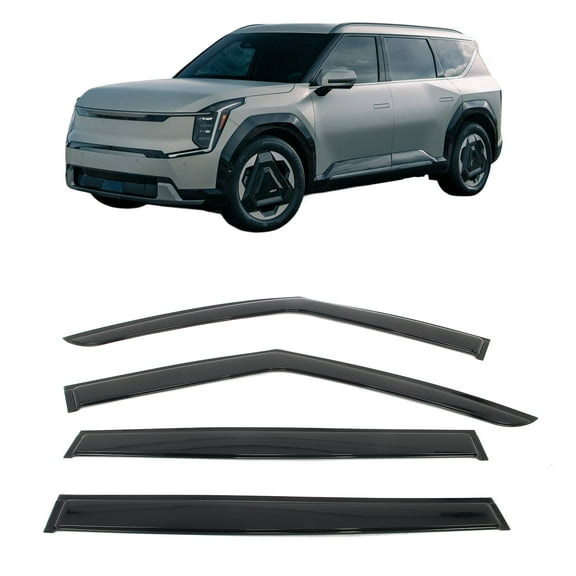 Ikon Motorsports Tape-On Window Visors Vent Wind Rain Sun Guards Deflectors For 2024-2026 Kia EV9, Acrylic Smoke/Tinted 4PCS