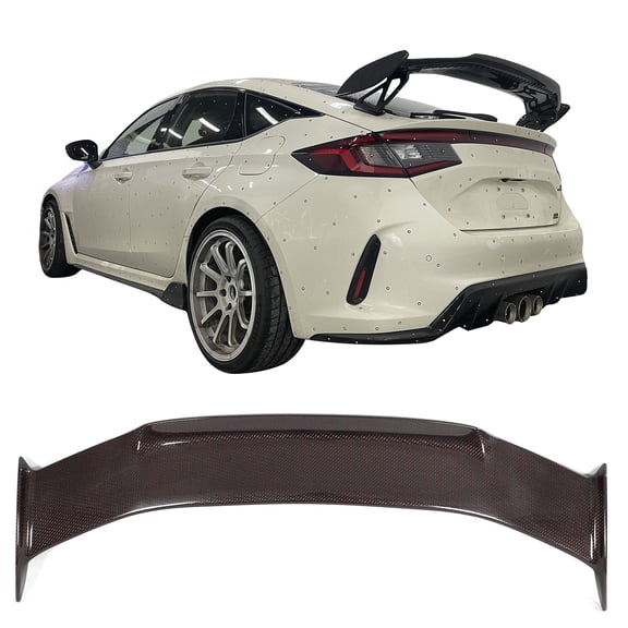 Ikon Motorsports Trunk Spoiler Compatible With 2023-2025 Honda Civic Type R, Factory Style Rear Wing Red Carbon Fiber Highkick Decklid Boot Tail Trim