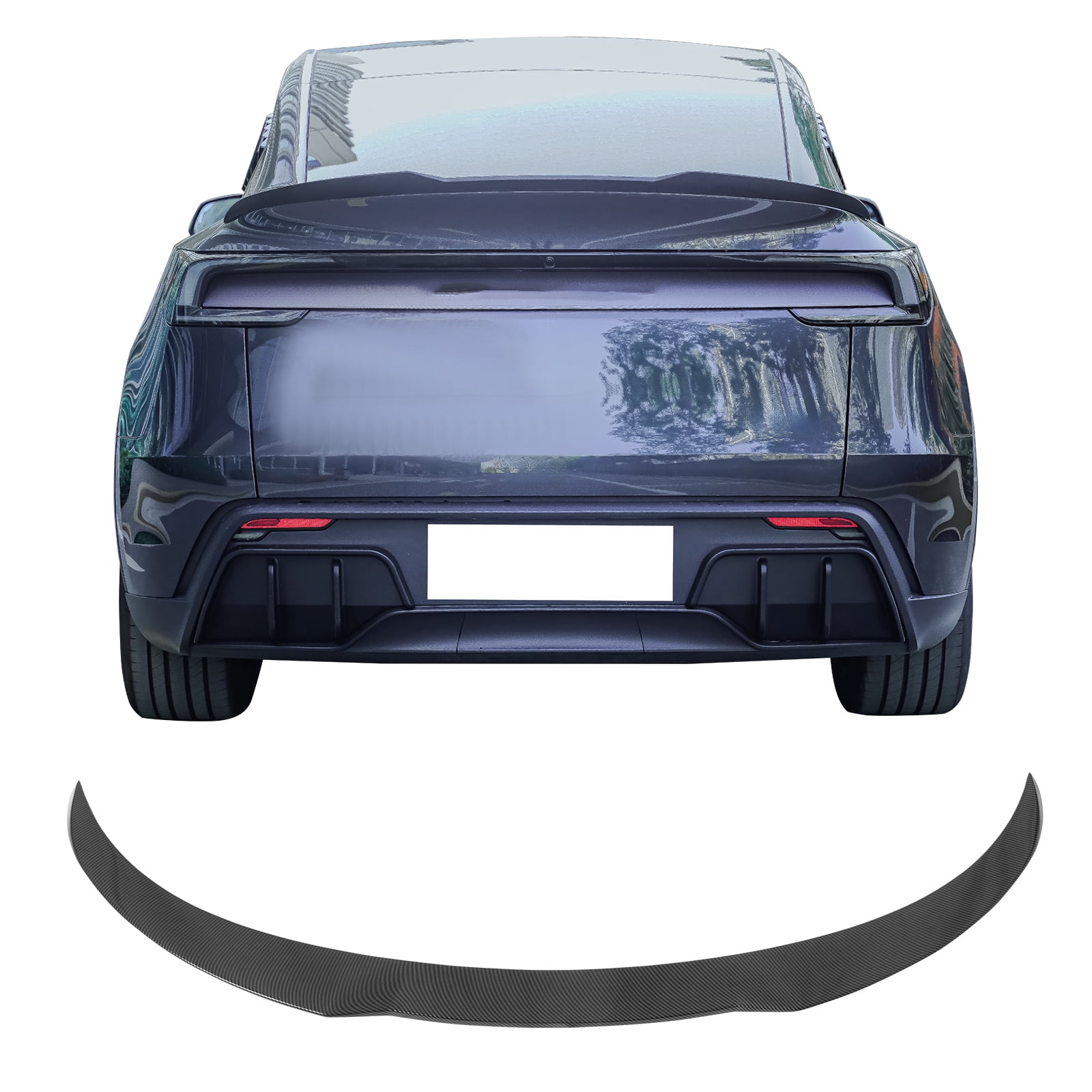 Ikon Motorsports Trunk Spoiler Compatible with 2025-2026 Tesla Model Y Juniper, IKON Style Carbon Fiber Print ABS Plastic Rear Trunk Lid Spoiler Wing Lip