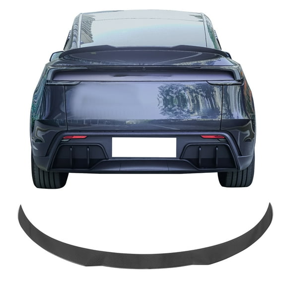 Ikon Motorsports Trunk Spoiler Compatible with 2025-2026 Tesla Model Y Juniper, IKON Style Carbon Fiber Print ABS Plastic Rear Trunk Lid Spoiler Wing Lip