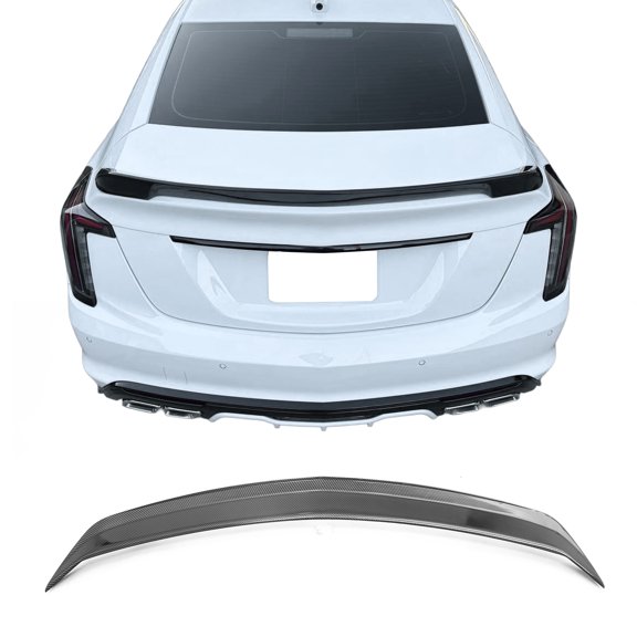 Ikon Motorsports Trunk Spoiler Fits2020-2026 Cadillac CT5,V Blackwing Style Carbon Fiber Print ABS PlasticRear Trunk Lid Spoiler Wing Lip