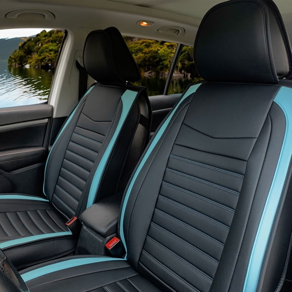 Ikon Motorsports Universal Car Seat Covers 02 Style Black + Blue Striped PU Leather Front & Back Row Auto Seat Cover Cushion Protectors 5 Seats Full Set