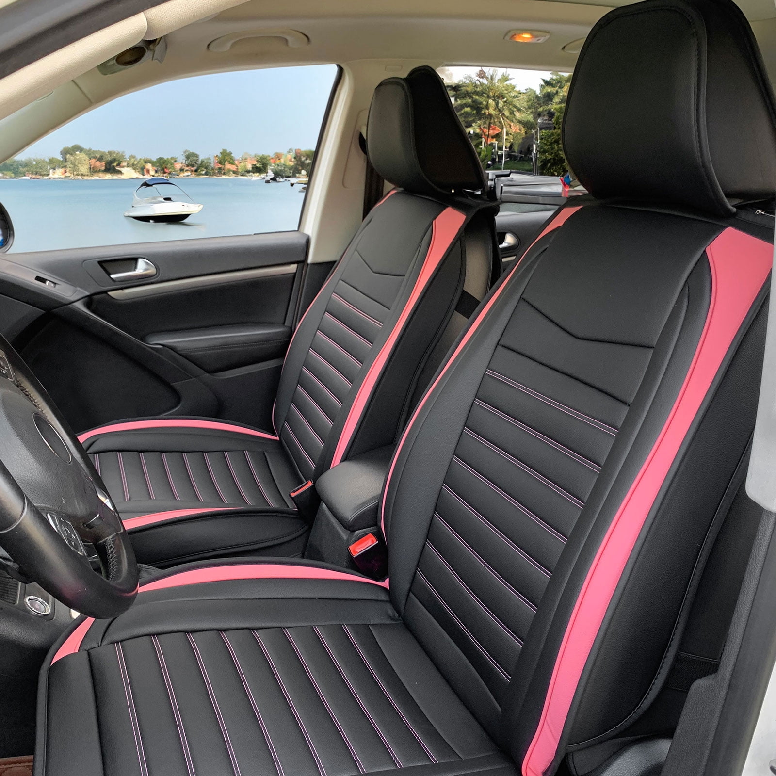 Ikon Motorsports Universal Car Seat Covers 02 Style Black + Pink Striped PU Leather Front & Back Row Auto Seat Cover Cushion Protectors 5 Seats Full Set