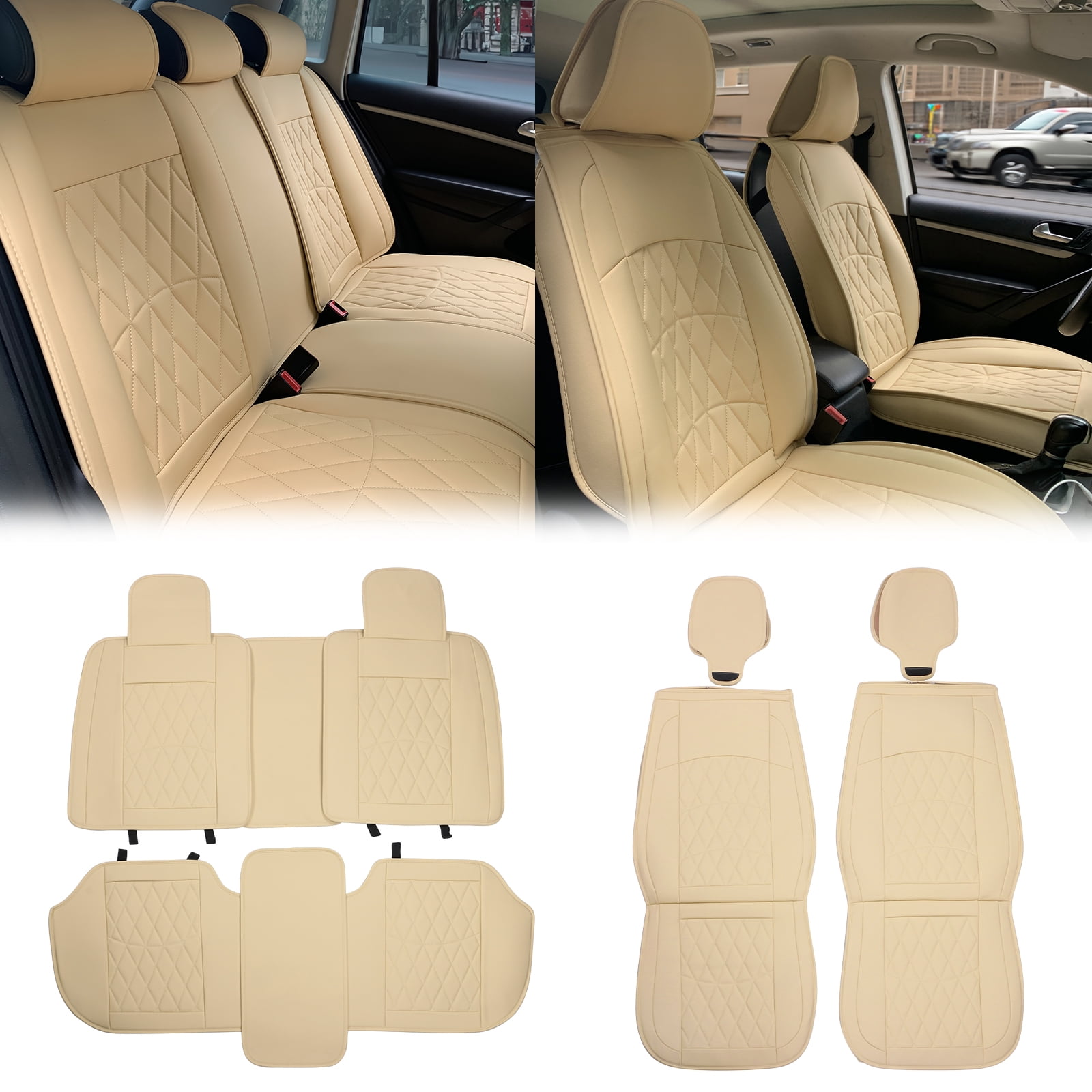 Ikon Motorsports Universal Car Seat Covers 04 Style Beige PU Leather Front Second Row Auto Seat Cover Cushion Protectors 5-Seat Full Set