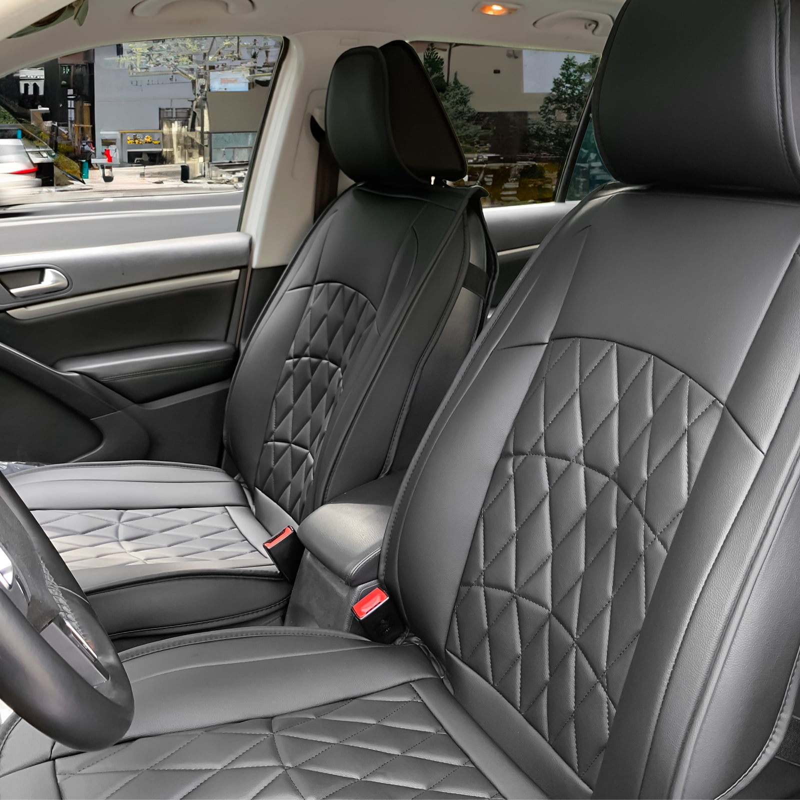Ikon Motorsports Universal Car Seat Covers 04 Style Black PU Leather Front Second Row Auto Seat Cover Cushion Protectors 5-Seat Full Set