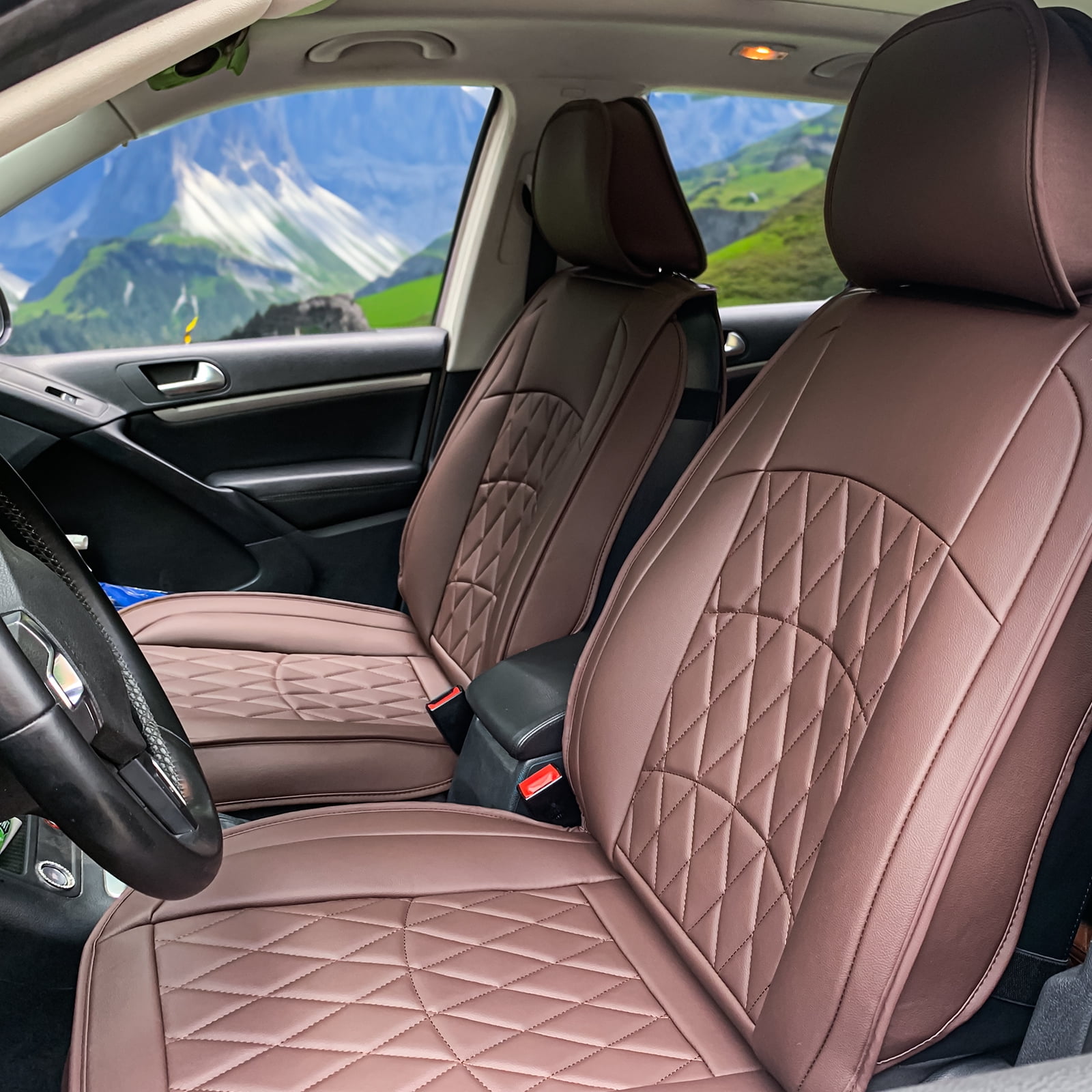Ikon Motorsports Universal Car Seat Covers 04 Style Brown PU Leather Front Second Row Auto Seat Cover Cushion Protectors 5-Seat Full Set