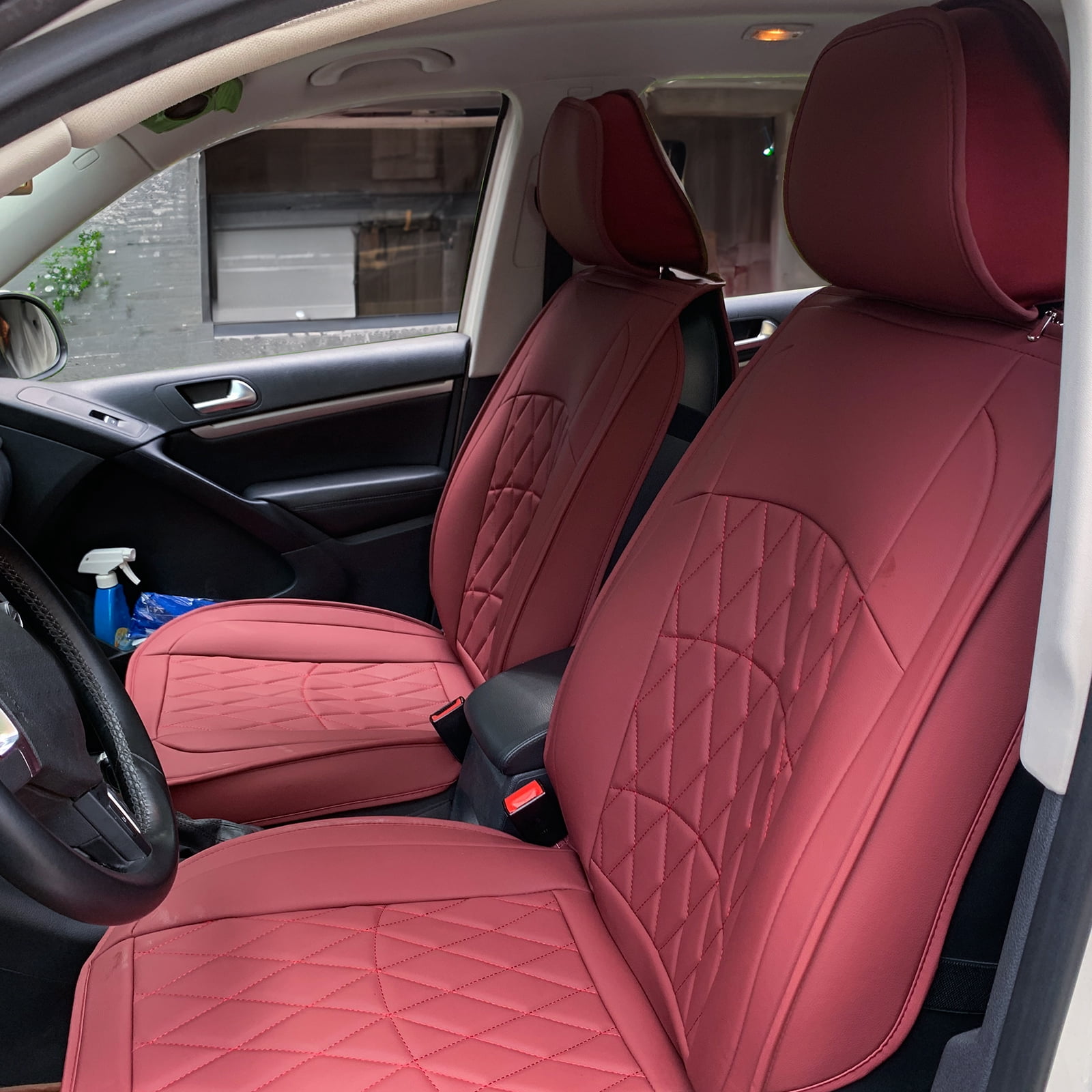 Ikon Motorsports Universal Car Seat Covers 04 Style Red PU Leather Front Second Row Auto Seat Cover Cushion Protectors 5-Seat Full Set