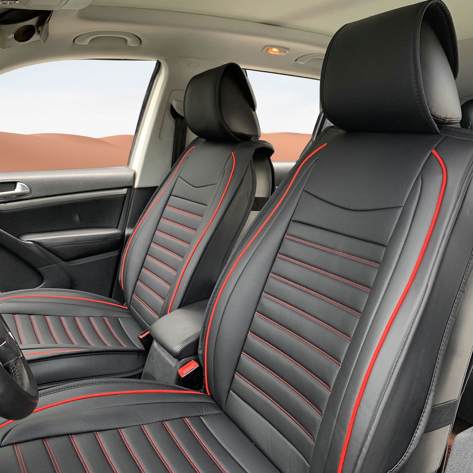 Ikon Motorsports Universal Front Car Seat Covers 02 Style Black + Red Stitching PU Leather First Row Auto Seat Cover Cushion Protectors Set
