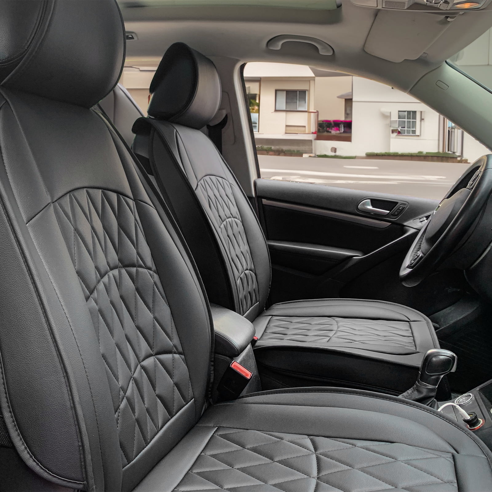 Ikon Motorsports Universal Front Car Seat Covers 04 Style Black PU Leather Lexus Hyundai Infiniti Kia First Row Auto Seat Cover Cushion Protectors Set