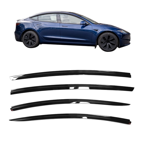 Ikon Motorsports Window Visors Compatible With 2017-2024 Tesla Model 3 All Models, Tape-on Gloss Black ABS Shade Rain Sun Guards Wind Vent Air Deflector 4PCS