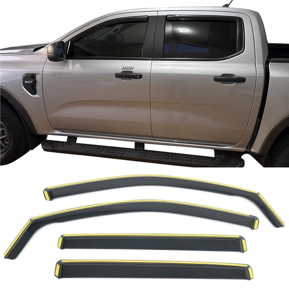 Ikon Motorsports Window Visors Fits 2024-2026 Ford Ranger, In Channel Style Injection PC Black Rain Guards, Side Window Wind Deflectors 4PCS