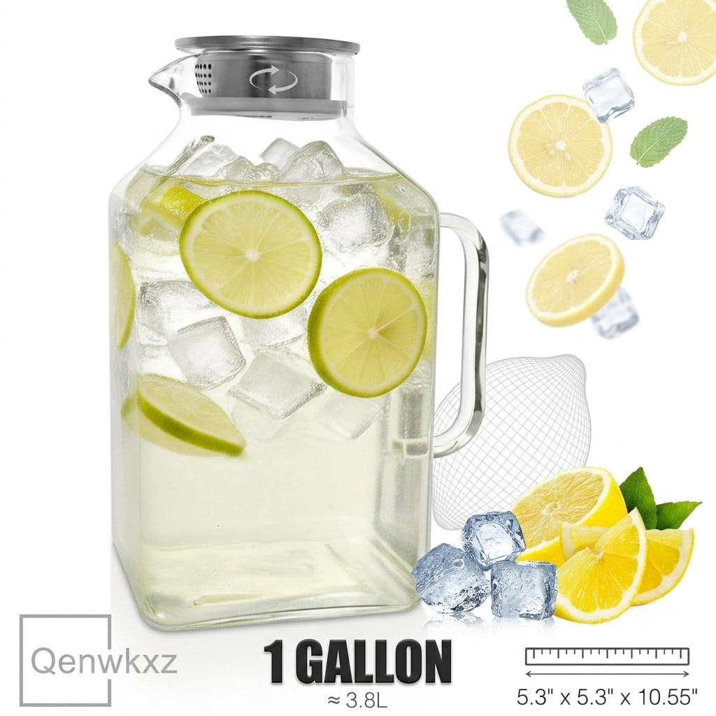 Qenwkxz 128 OZ Square Glass Pitcher with Lid and Spout Borosilicate Glass Carafe for Hot/Cold Drink Water Pitcher with Handle for Fridge Large Jug for Iced Tea Coffee Juice Beverage