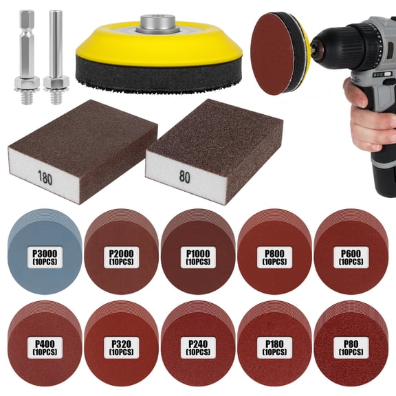 Ikoopy 100Pcs 3 inch Sanding Disc Pad with 2Pcs Buffing Sponge Block Variety Kit for Drill Grinder Rotary Tool Attachment with 1/4" Shank Sanding Pad Include 80-3000 Grit