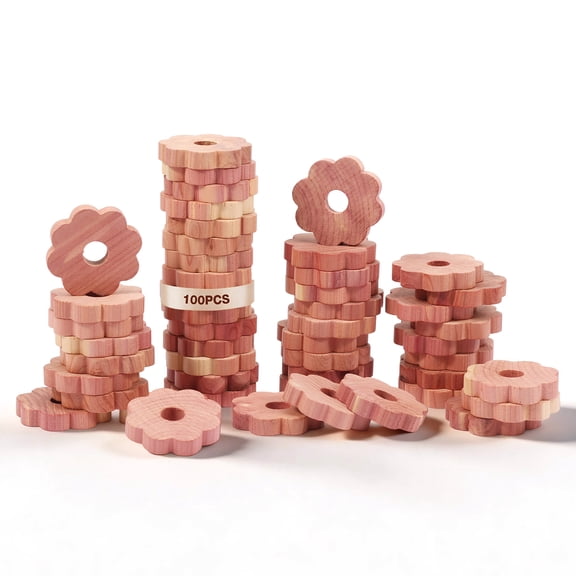 Ikoopy 100Pcs Floral Shape Cedar Block Set for Clothes Storage Aromatic Scent Cedar Ring for Wardrobe Drawer Suitcase Shoe Cabinet