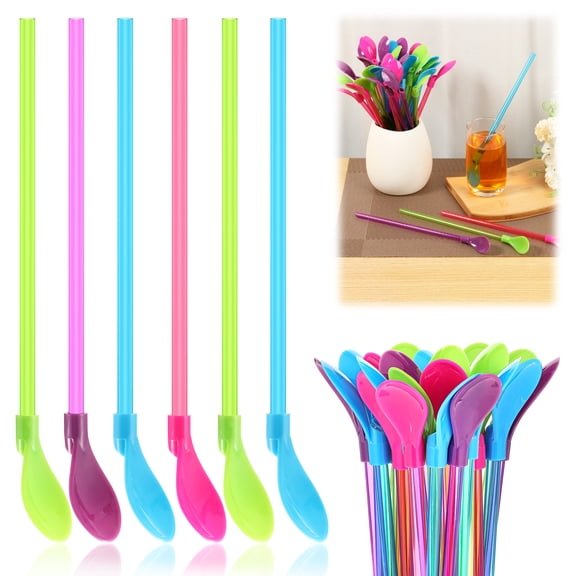 Ikoopy 100Pcs Plastic Spoon Straws 9.5 Inch Reusable Straw Spoons Detachable Drinking Straws Milkshakes Straw Spoon for Beverages Smoothies Milkshakes