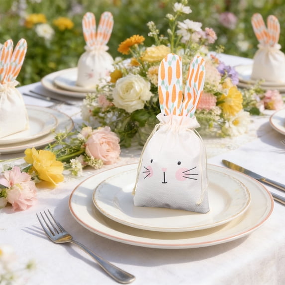 Ikoopy 10Pcs Easter Fabric Drawstring Bag Reusable Bunny Style Linen Goodie Bag Cute Rabbit Candy Pouch for Snack Candy Party Favor (Yellow)