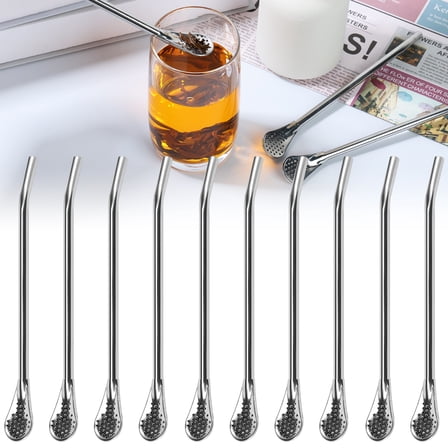 Ikoopy 10Pcs Straws Spoon Stainless Steel Straw Spoon 7.2 Inch Yerba Mate Tea Drinking Straws Multifunctional Filtered Spoons Drinking Reusable Straw Stirring Spoon Straw for Travel Beach