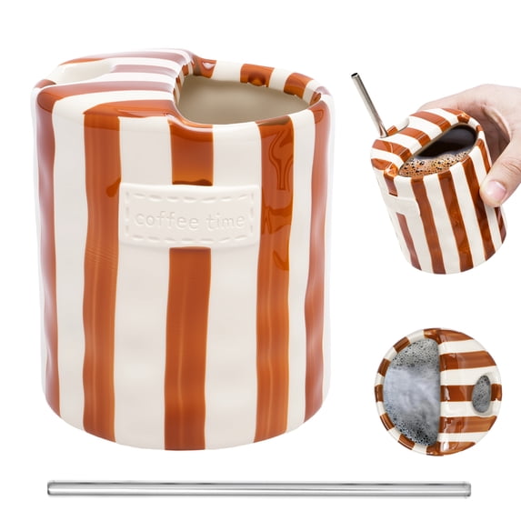 Ikoopy 10oz Ceramic Coffee Mug with Sip Hole, Chestnut Hand Painted Striped Novelty Espresso Cup with Straw for Coffee Tea Hot Chocolate