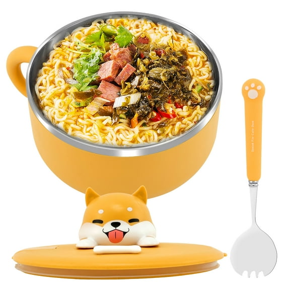 Ikoopy 1200ml Ramen Bowl 304 Stainless Steel Noodle Bowl with Lid and Spork Heat Resistant Instant Noodles Bowl with Handles Dustproof Ramen Noodles Bowl Portable Cooker for Dorm Office Home