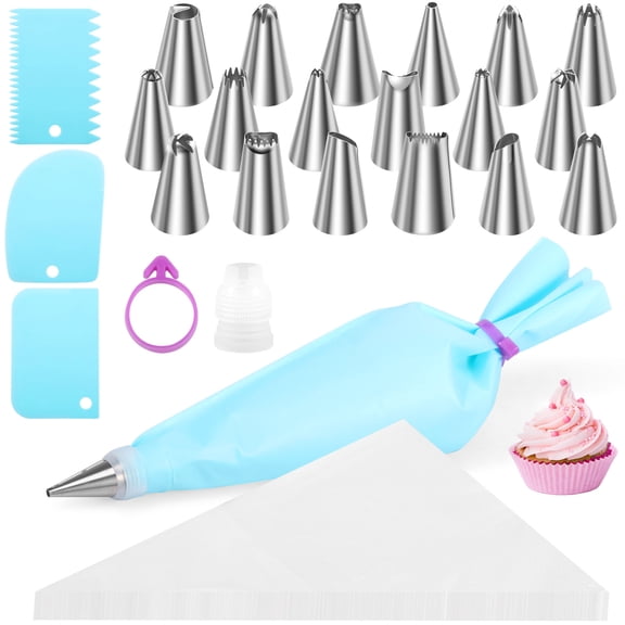 Ikoopy 126Pcs Piping Bag and Tip Set Multiple Shape Stainless Steel Tip and 12 Inch Piping Bag for Cookie Cupcake Macaron for Beginner and Baking Enthusiast