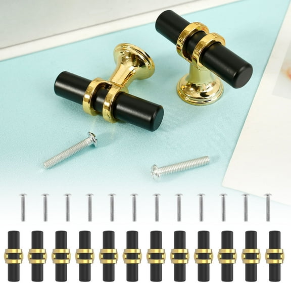 Ikoopy 12pcs Cabinet Pulls Black and Gold T Bar Drawer Knobs Decorative Kitchen Cabinet Handles Aluminium Alloy Cabinet Pulls Cupboard Hardware for Drawers Cabinet Dresser