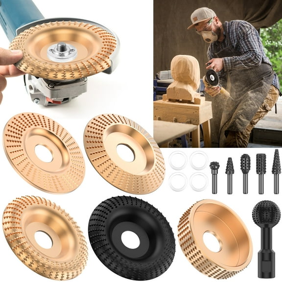 Ikoopy 14Pcs Wood Carving Discs for 4-4.5" Angle Grinder with Rotary Burr 5/8-11" Wood Sanding Ball 45# Carbon Steel Polishing Disc Set