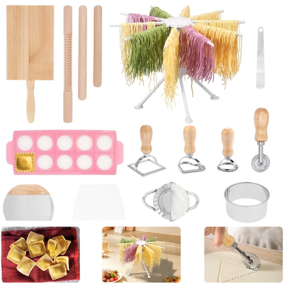 Ikoopy 15 Pcs Pasta Making Tool Set Include 1 Pasta Drying Rack 1 Gnocchi Board 2 Dough Scraper 4 Ravioli Maker Cutter 2 Dumpling Maker Tool 1 Noodle Cutter 3 Rolling Pin 1 Stuffing Spoon