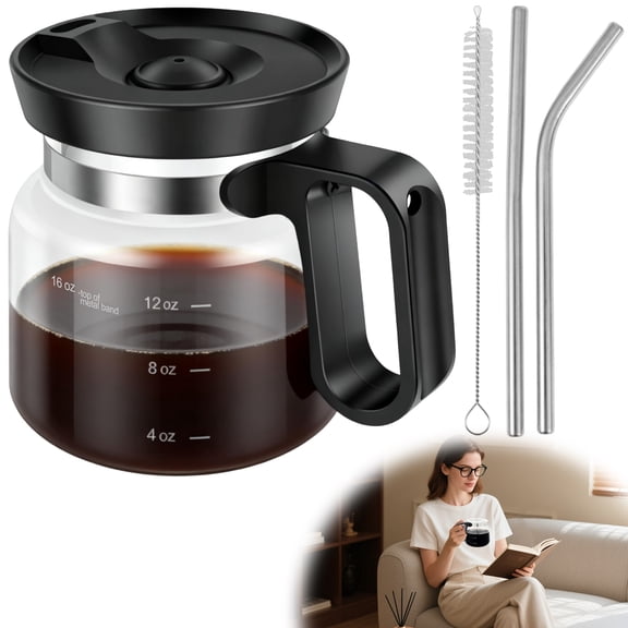 Ikoopy 16 Oz Glass Coffee Pot Mug Mini Coffee Pot Cup Novelty Heatproof Large Capacity Clear Cup with Handle and Spill Proof Lid Comes 2 Straw and 1 Straw Brush Ideal Present
