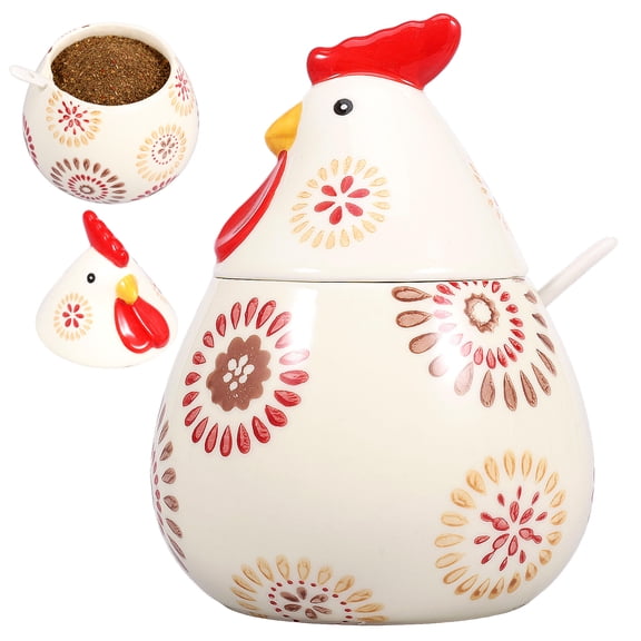 Ikoopy 17 Oz Ceramic Chicken Salt Cellar With Lid and Spoon Ceramic Rooster Shape Spice Jars for Salt Sugar Coffee Countertop