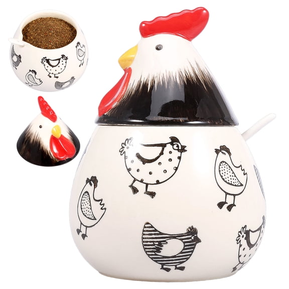 Ikoopy 17 Oz Ceramic Chicken Salt Cellar With Lid and Spoon Ceramic Rooster Shape Spice Jars for Salt Sugar Coffee Countertop