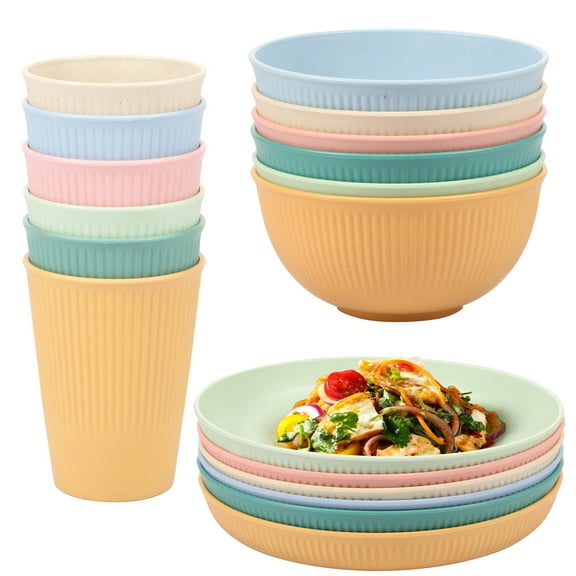 Ikoopy 18Pcs Plastic Striped Camping Plates Bowls for Kids and Elderly Reusable Stackable Picnic Cups Plates Multipurpose Dishwasher Safe Dinnerware Set for Party Home