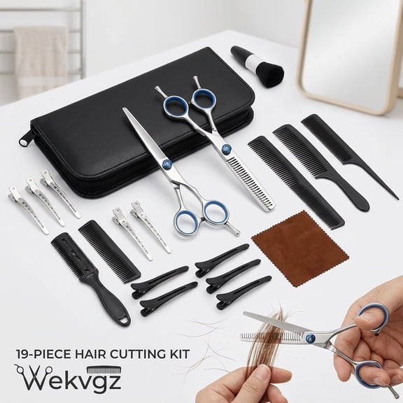 Wekvgz 19 piece stainless steel professional hair cutting kit including regular and thinning shear practical barber accessory suitable for haircut use of men women and kids