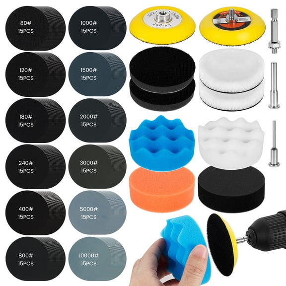 Ikoopy 193Pcs Wet Dry Sanding Disc Kit 3 Inch Reusable Hook and Loop Sanding Pad Drill Attachment Buffing Sandpaper with 1/4 1/8 Inch Shank Assorted 80 to 10000 Grit for Metal Wood Stone