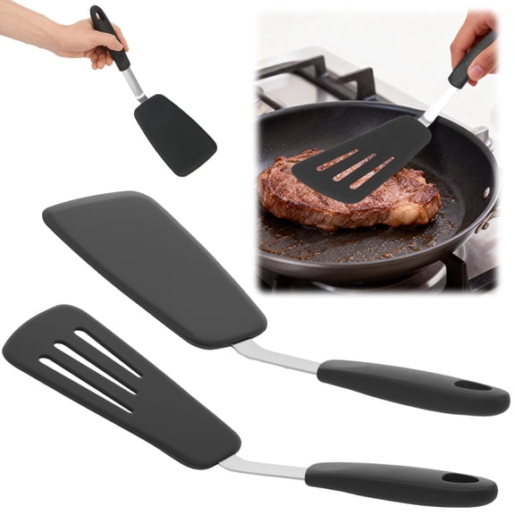 Qenwkxz 2 Pack Silicone Spatula Set for Nonstick Cookware Slotted and Solid Spatula Heat Resistant Silicone Turner Stainless Steel Core Flipper for Egg and Pancake