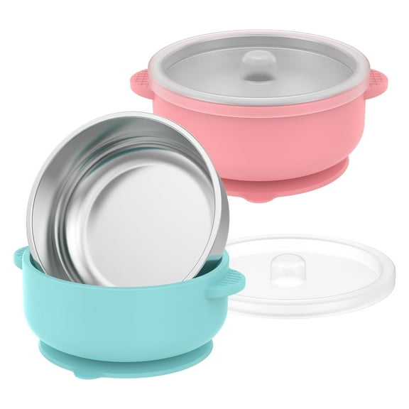 Ihvewuo 2 Pcs  Suction Bowl Unbreakable Stainless Steel Toddler Bowl with Lid and Silicone Base for  Toddler Infant Boy Girl